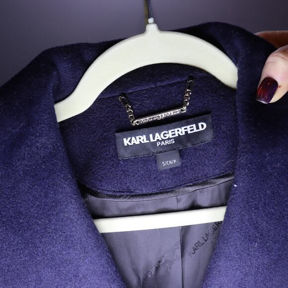 Karl Lagerfeld Paris Wool Blend Long Coat Navy Blue Size Small - Picture 4 of 5